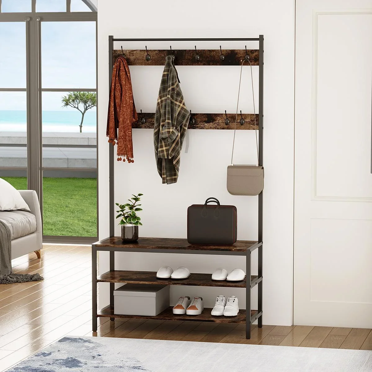 Garderobenständer mit 12 Haken und Schuhregal Kleiderständer Wandgarderobe Stahl Braun+Schwarz 100 x 40 x 184 cm - 0
