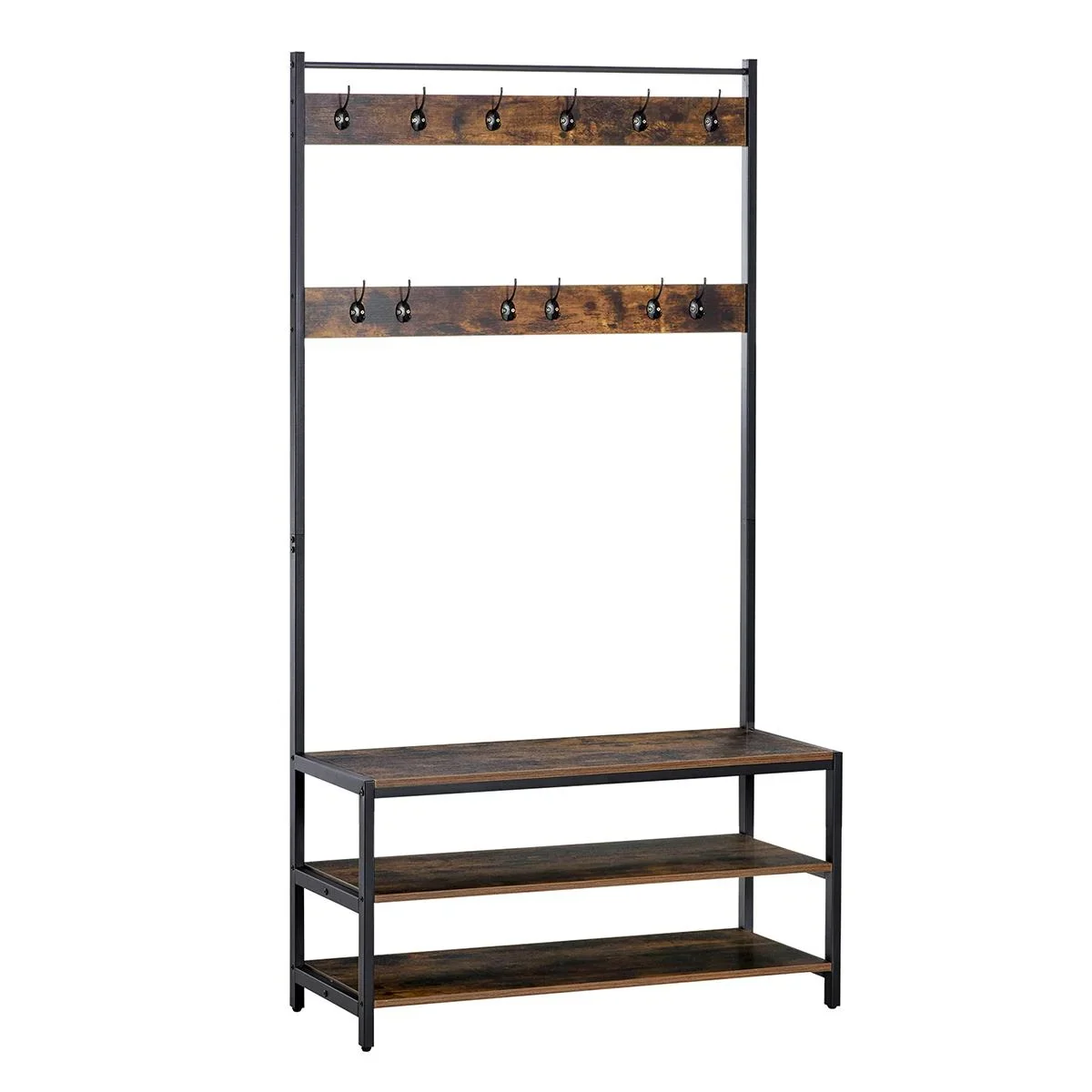 Garderobenständer mit 12 Haken und Schuhregal Kleiderständer Wandgarderobe Stahl Braun+Schwarz 100 x 40 x 184 cm - 2