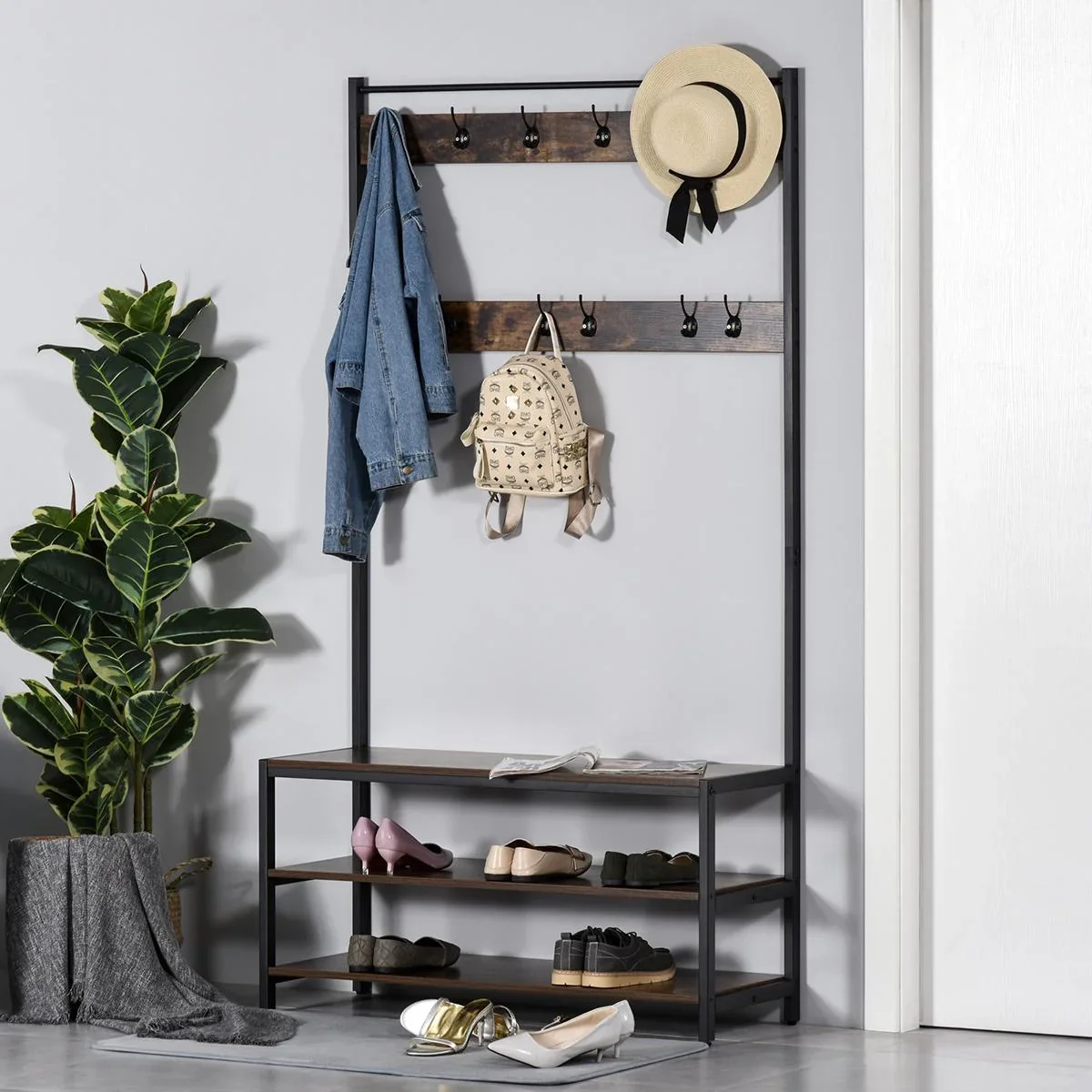 Garderobenständer mit 12 Haken und Schuhregal Kleiderständer Wandgarderobe Stahl Braun+Schwarz 100 x 40 x 184 cm - 3