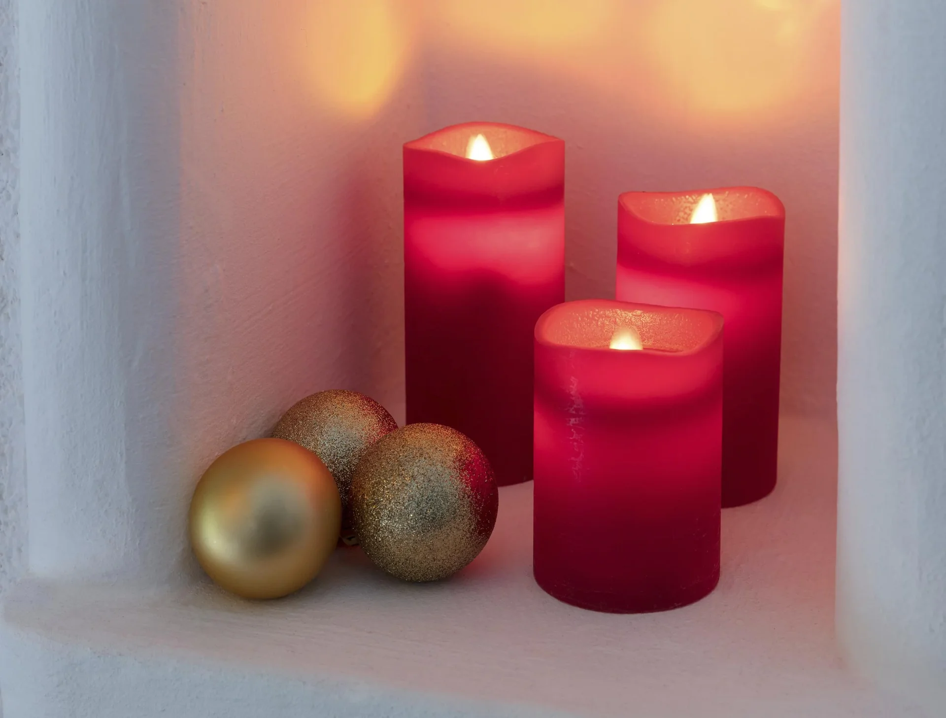 LED Echtwachskerzen mit Timer und Flackerlicht - 3er Set in rot - 0