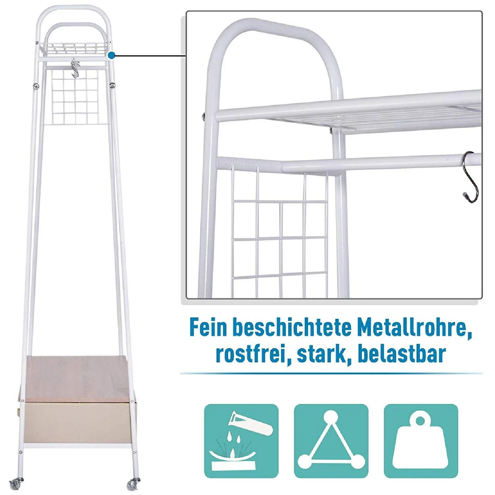 Kleiderständer Rollgarderobe mit Schubladen Hacken aus Metall+Holz weiß L99 x B47 x H185 cm - 0