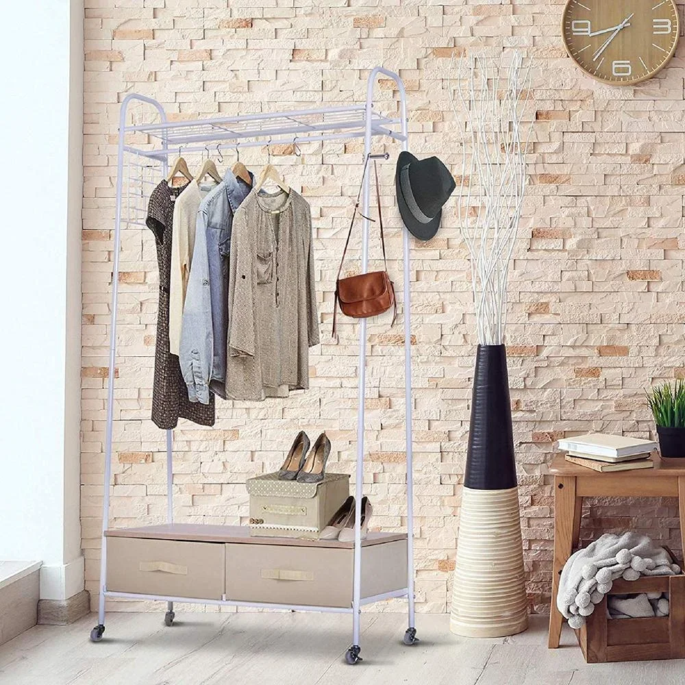 Kleiderständer Rollgarderobe mit Schubladen Hacken aus Metall+Holz weiß L99 x B47 x H185 cm - 2