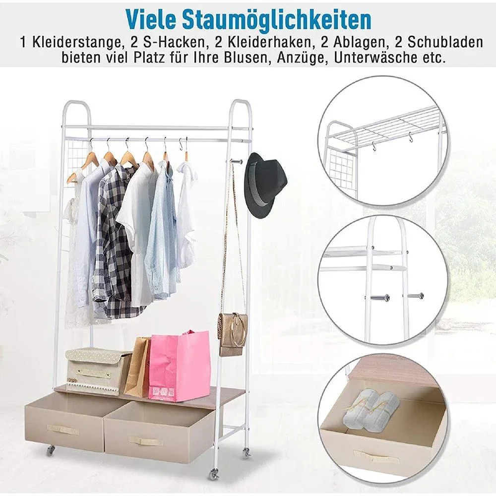 Kleiderständer Rollgarderobe mit Schubladen Hacken aus Metall+Holz weiß L99 x B47 x H185 cm - 5