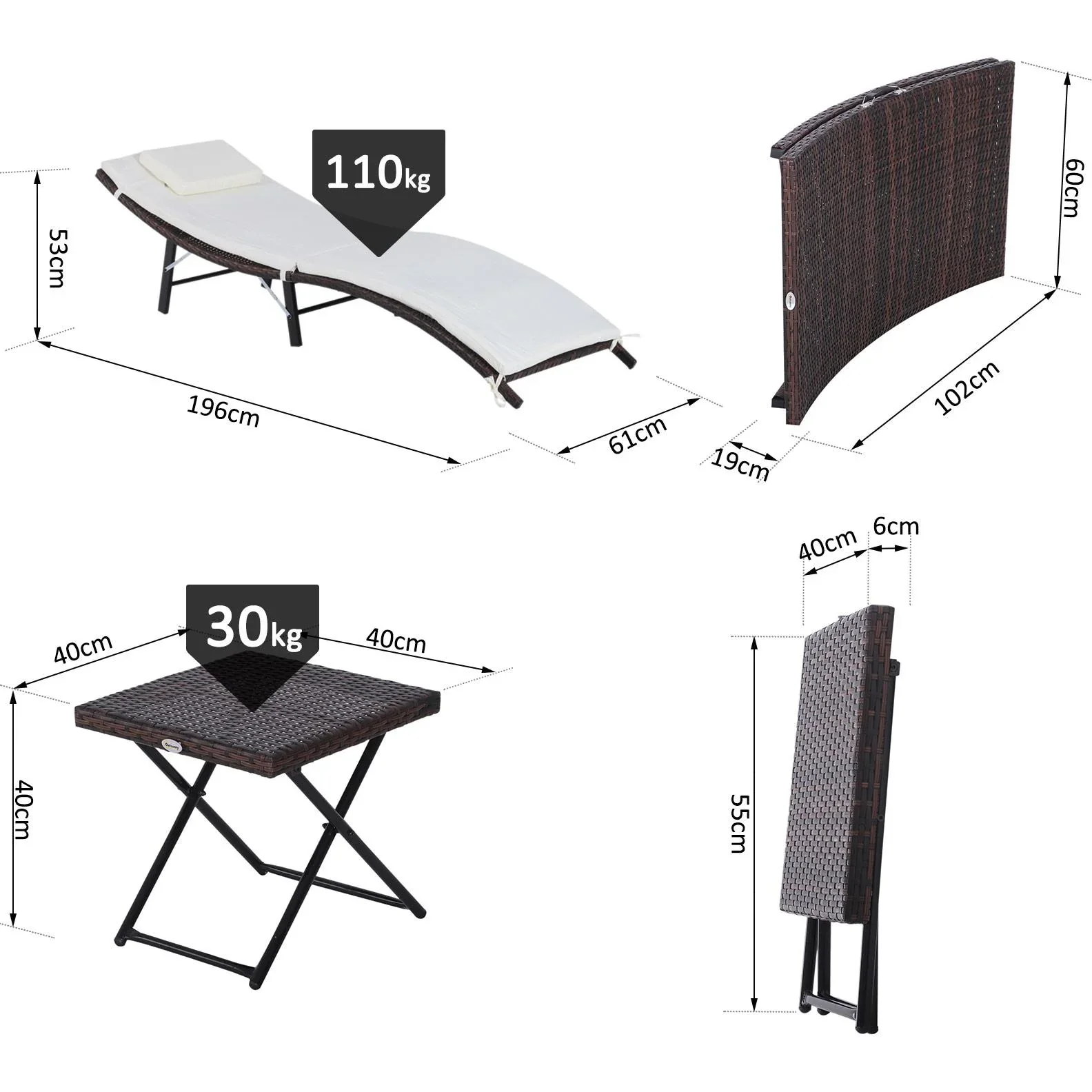 3er-Set Sonnenliege Gartenliege mit Tisch Gartenmöbel Polyrattan klappbar Braun 196 x 61 x 53 cm - 0