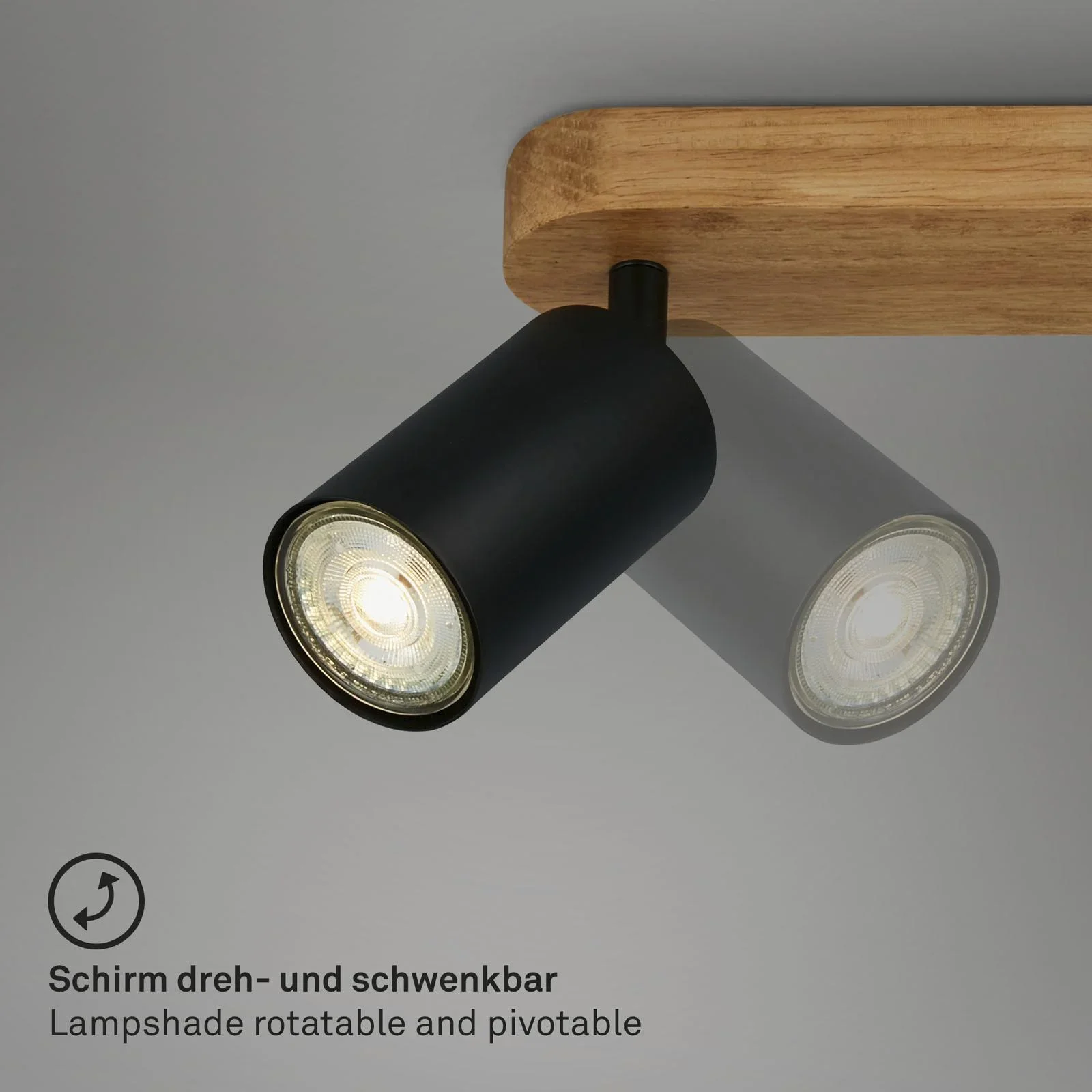 Vintage Spotleuchte 2-flammig, schwarz mit Holzbaldachin, 2 x GU10 Fassung - 2