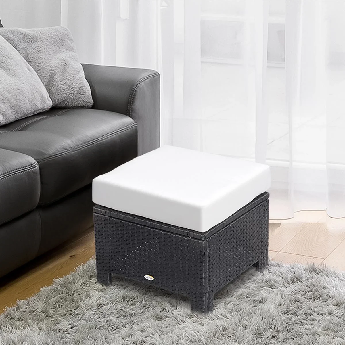 Poly Rattan Hocker mit Kissen Gartenhocker Sitzhocker Fußhocker Rattanhocker Balkon Sitzhocker Gartenmöbel Schwarz+Creme - 3