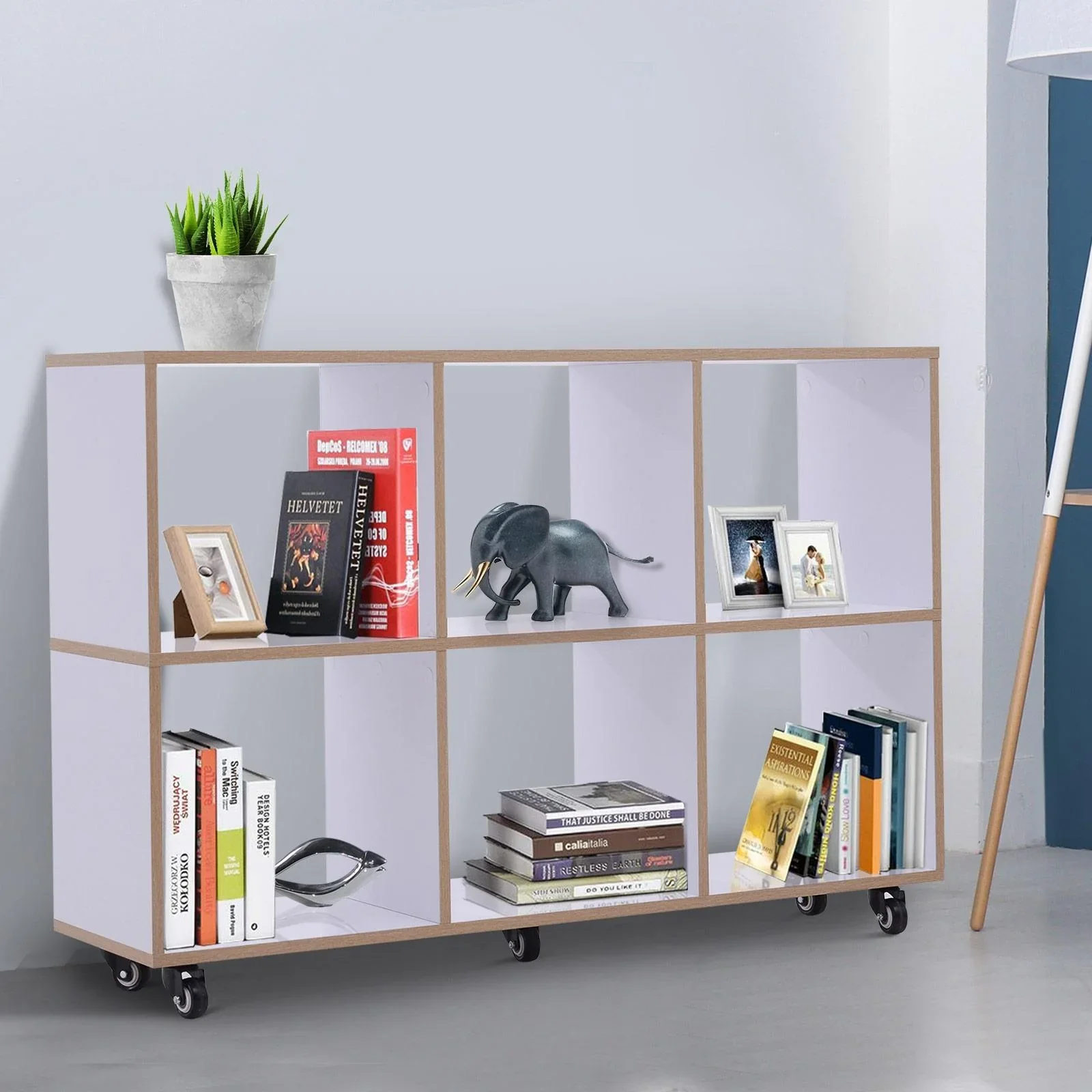 6 Fächer Rollregal Bücherregal Standregal mit 5 Rollen Holz Weiß 120 x 30 x 80 cm - 2
