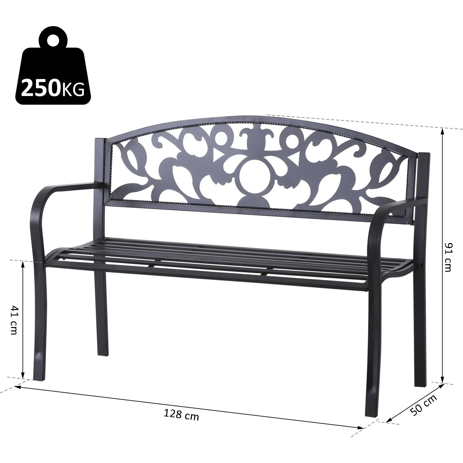 2-Sitzer Sitzbank Gartenbank Metallbank mit Armlehne Landhausstil Metall Schwarz 128 x 50 x 91 cm - 0