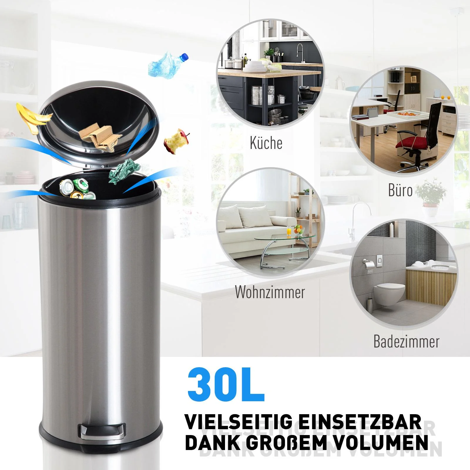 Treteimer mit Inneneimer Pedal-Mülleimer Klappdeckel Abfallsammler Edelstahl Silber 30L - 5