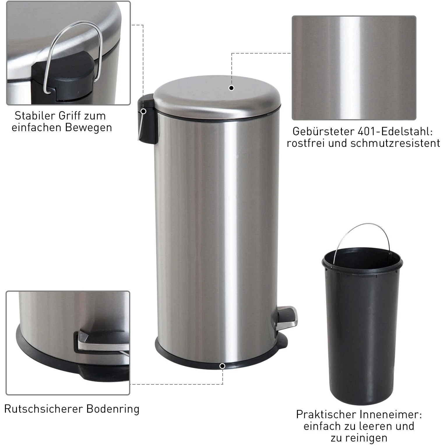 Treteimer mit Inneneimer Pedal-Mülleimer Klappdeckel Abfallsammler Edelstahl Silber 30L - 7