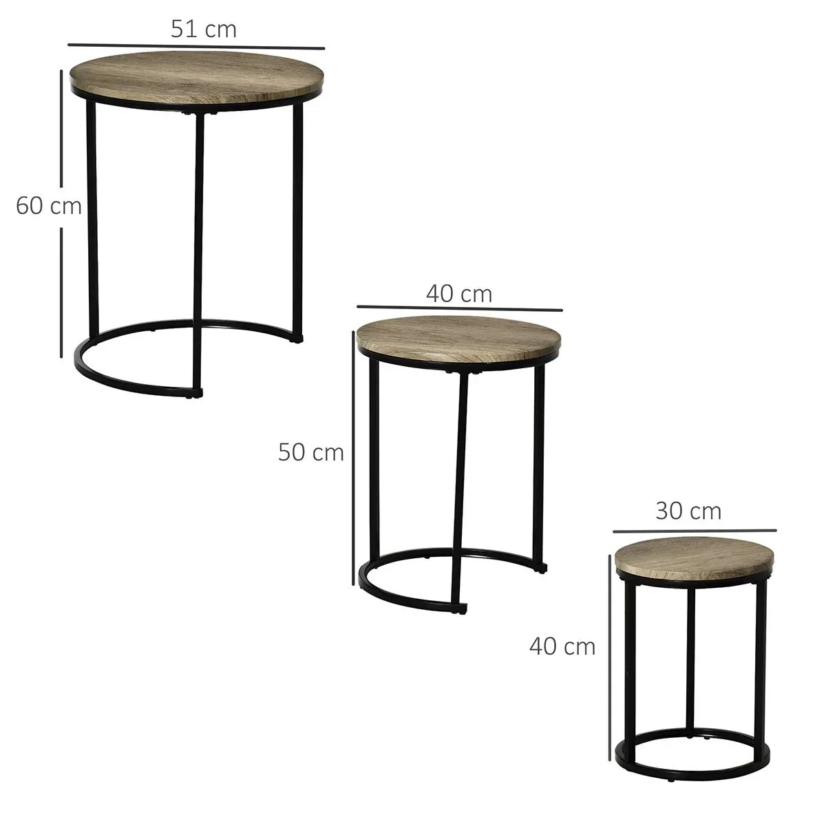 Beistelltische 3er-Set Satztisch stapelbar Kaffeetisch 3 Größen Industrial Design Metall Schwarz+Braun - 0