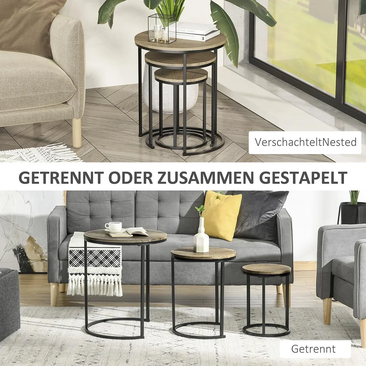 Beistelltische 3er-Set Satztisch stapelbar Kaffeetisch 3 Größen Industrial Design Metall Schwarz+Braun - 2