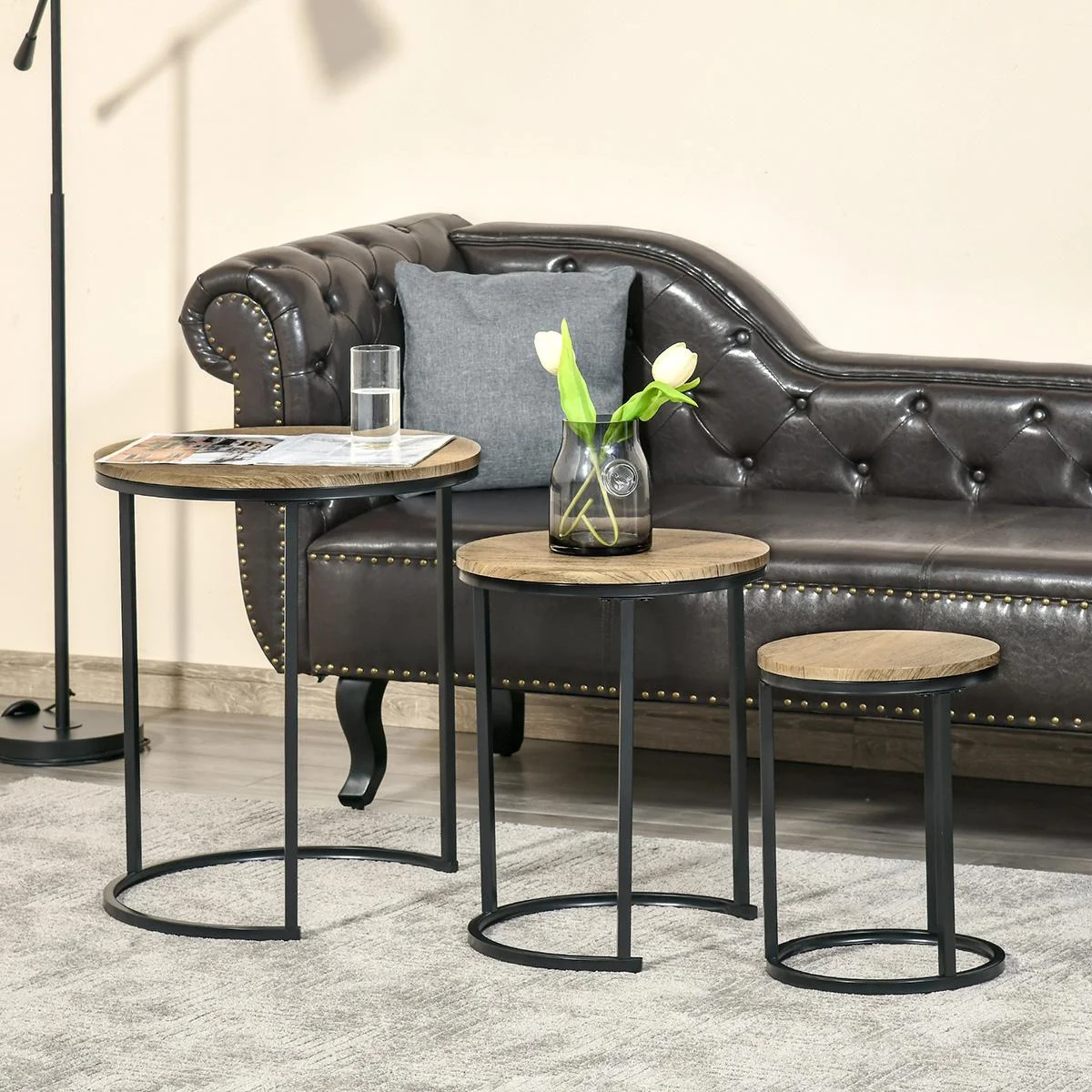Beistelltische 3er-Set Satztisch stapelbar Kaffeetisch 3 Größen Industrial Design Metall Schwarz+Braun - 3
