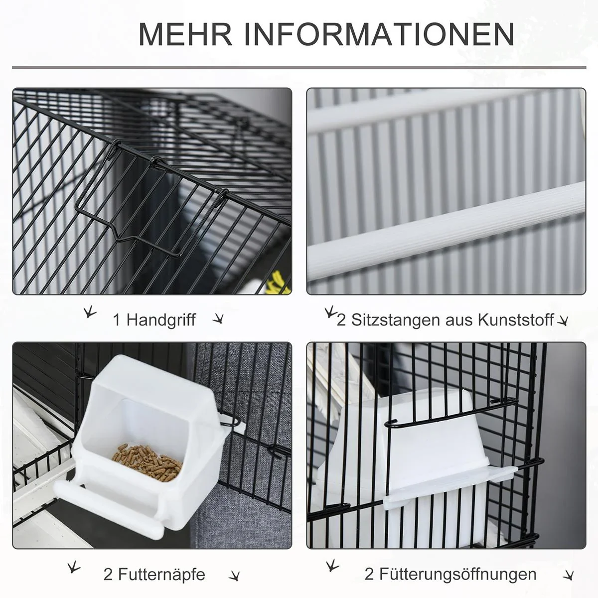 Vogelkäfig Vogelhaus Vogelvoliere mit Sitzenstangen Futternäpfe ausnehmbarer Bodenschale Weiß 54 x 35 x 56 cm - 1