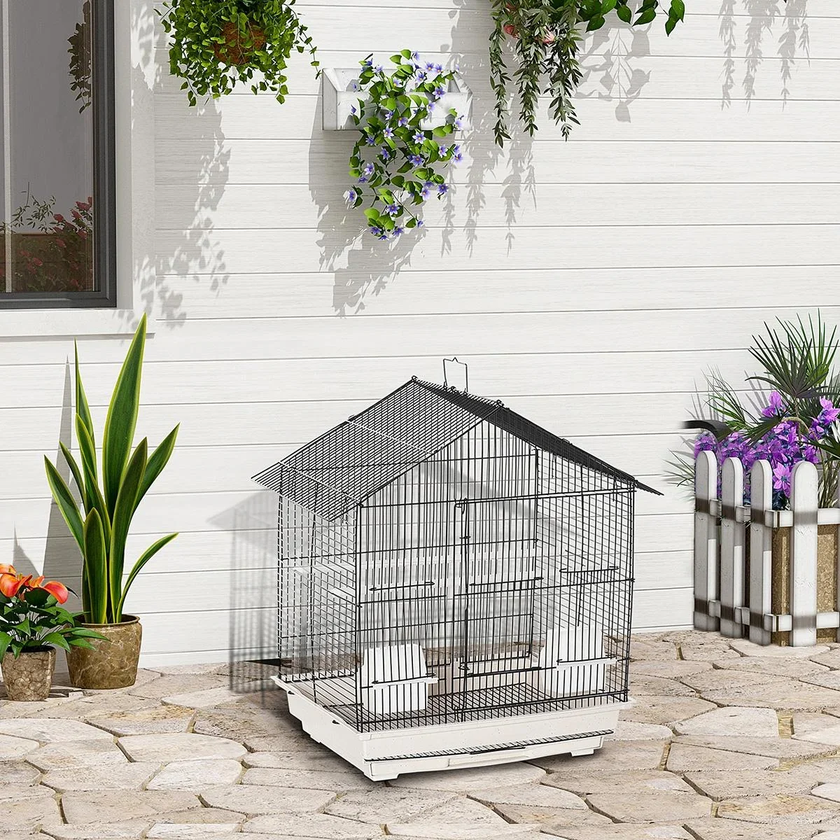 Vogelkäfig Vogelhaus Vogelvoliere mit Sitzenstangen Futternäpfe ausnehmbarer Bodenschale Weiß 54 x 35 x 56 cm - 2