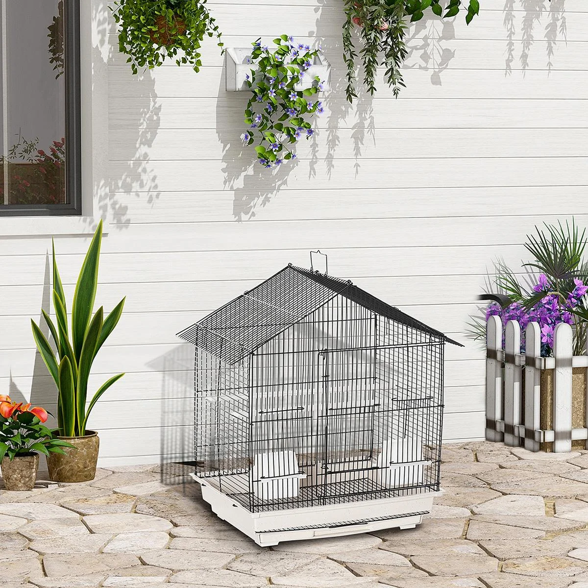 Vogelkäfig Vogelhaus Vogelvoliere mit Sitzenstangen Futternäpfe ausnehmbarer Bodenschale Weiß 54 x 35 x 56 cm - 2