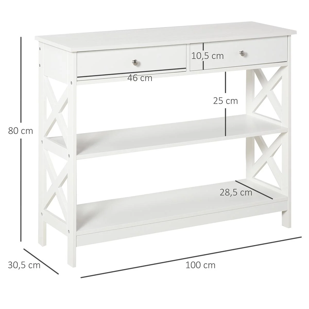 Konsolentisch Beistelltisch mit Schublade und 2-stufigen Ablagefächern Weiß 100 x 30,5 x 80 cm - 1