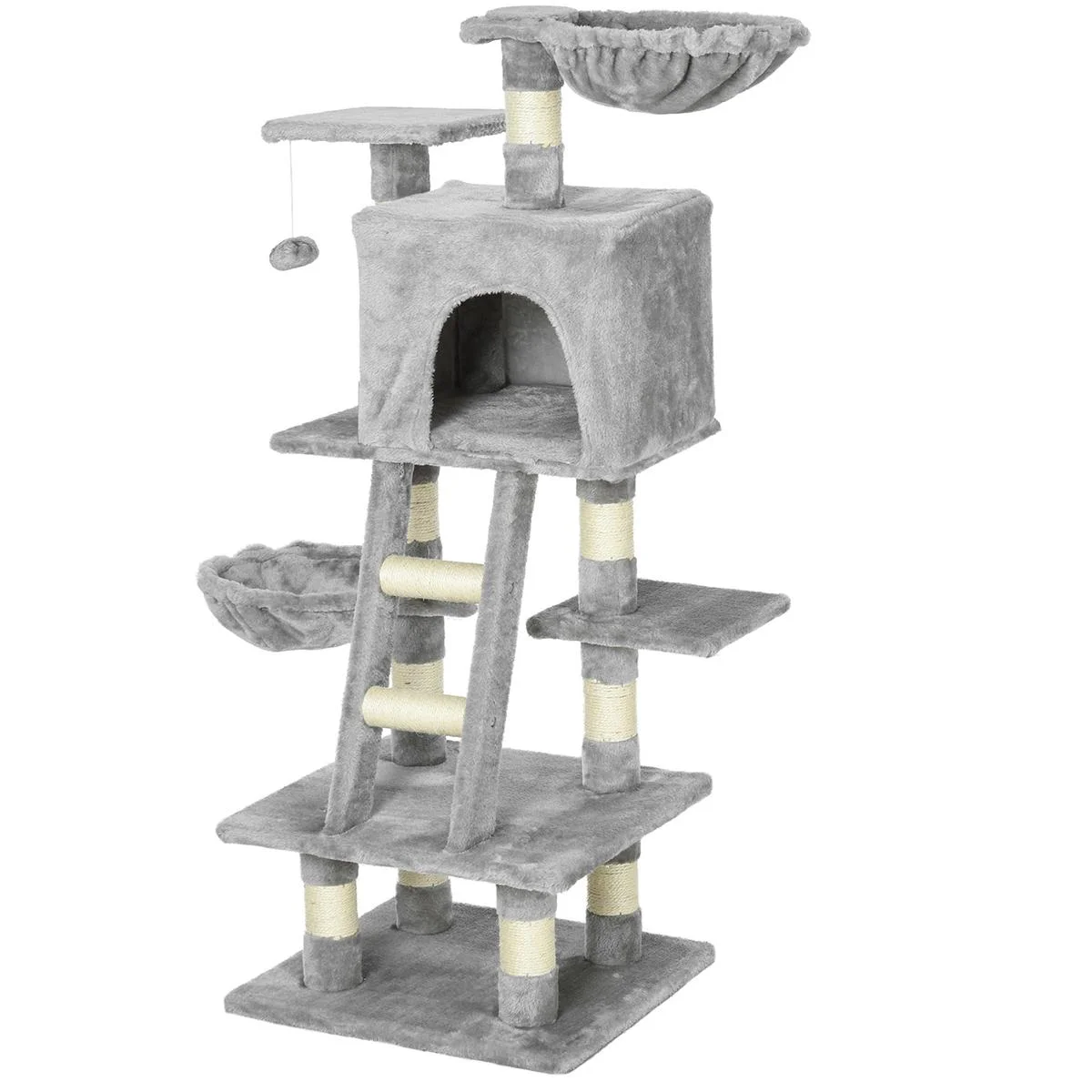 Kratzbaum mit Katzenhöhle Hängematte Mehrstufiger Katzenbaum Kletterbaum für Katzen E1 Spanplatte Sisal Grau 80 x 55 x 1 - 1