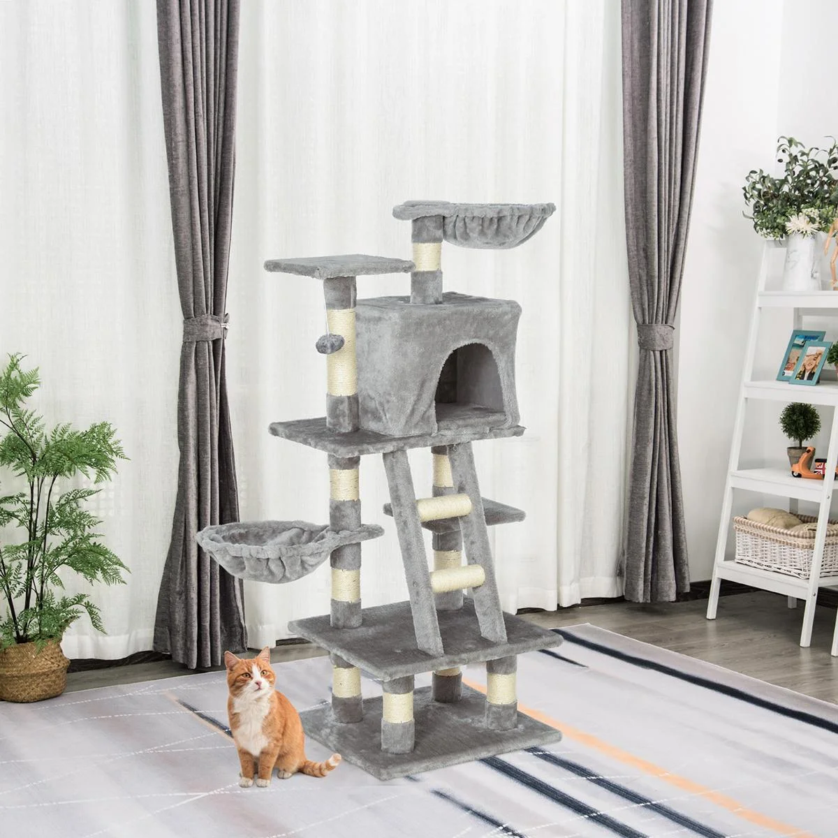Kratzbaum mit Katzenhöhle Hängematte Mehrstufiger Katzenbaum Kletterbaum für Katzen E1 Spanplatte Sisal Grau 80 x 55 x 1 - 2