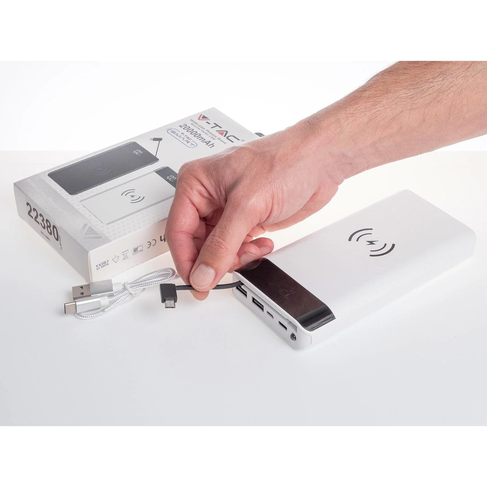VT-3508 Netzgerät mit drahtloser QI-Ladefunktion - 20.000mah - einschließlich Mikro-USB-Kabel - Weiß - 1