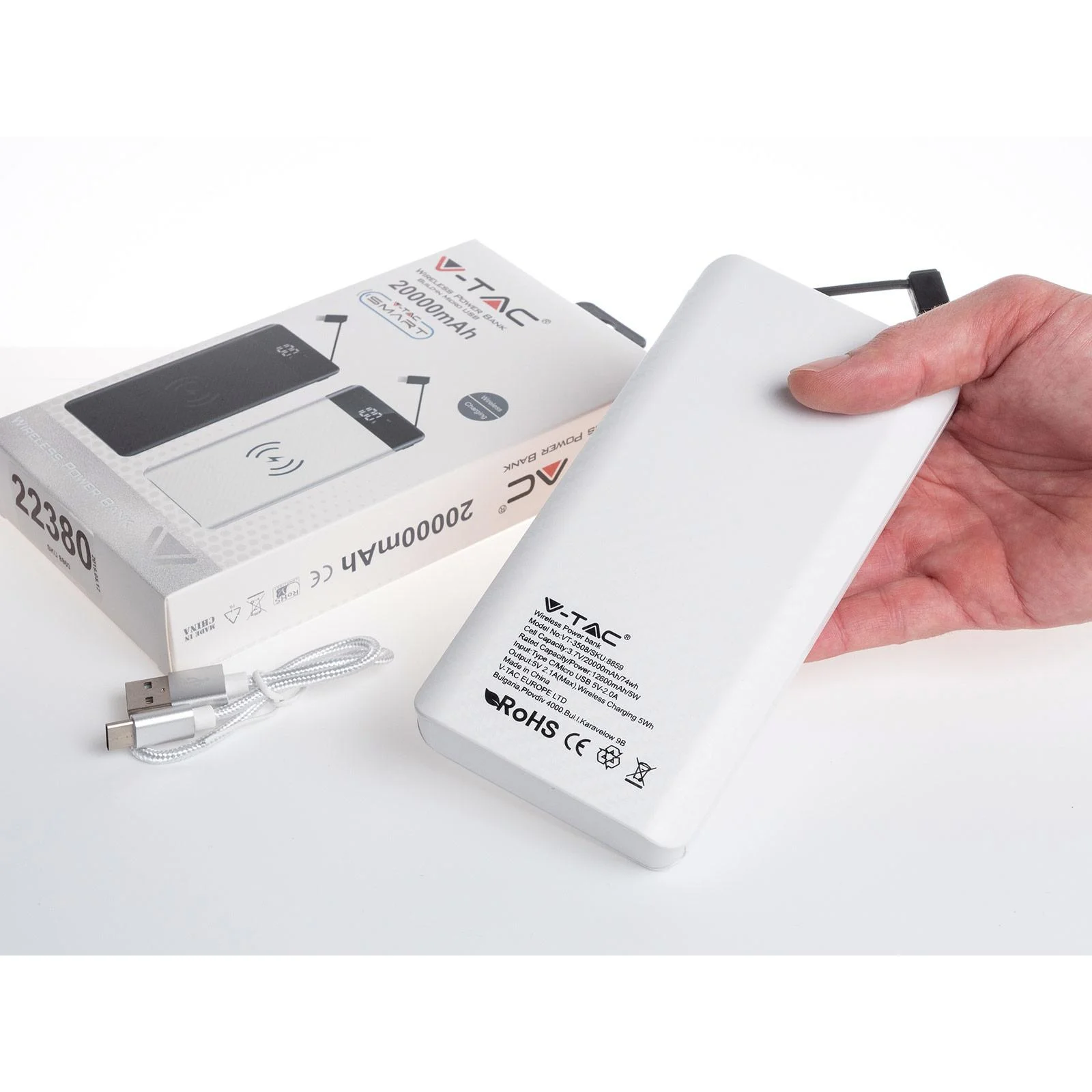 VT-3508 Netzgerät mit drahtloser QI-Ladefunktion - 20.000mah - einschließlich Mikro-USB-Kabel - Weiß - 4