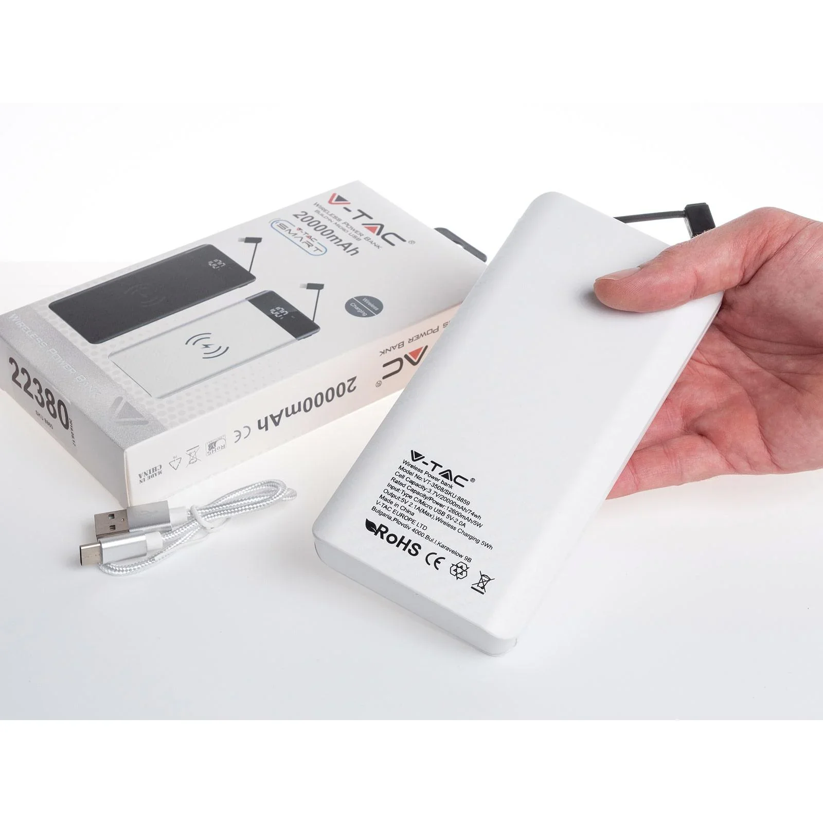 VT-3508 Netzgerät mit drahtloser QI-Ladefunktion - 20.000mah - einschließlich Mikro-USB-Kabel - Weiß - 4