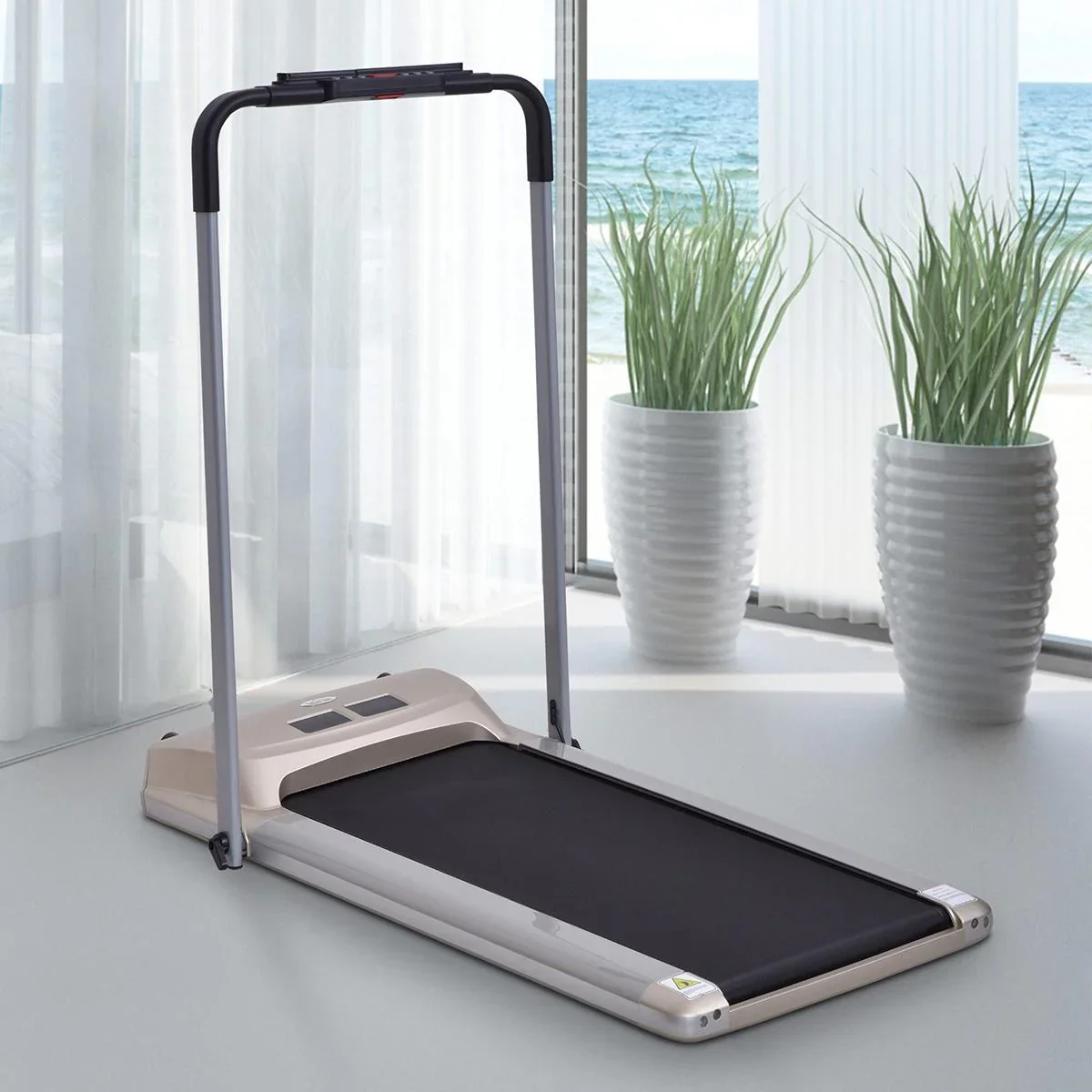 Elektrisches Laufband mit LCD Display, Faltbares Fitnessgerät, 1-10 Km/h, Stahl, Schwarz+ Grau+Champagner, 70 x 128 x 11 - 1