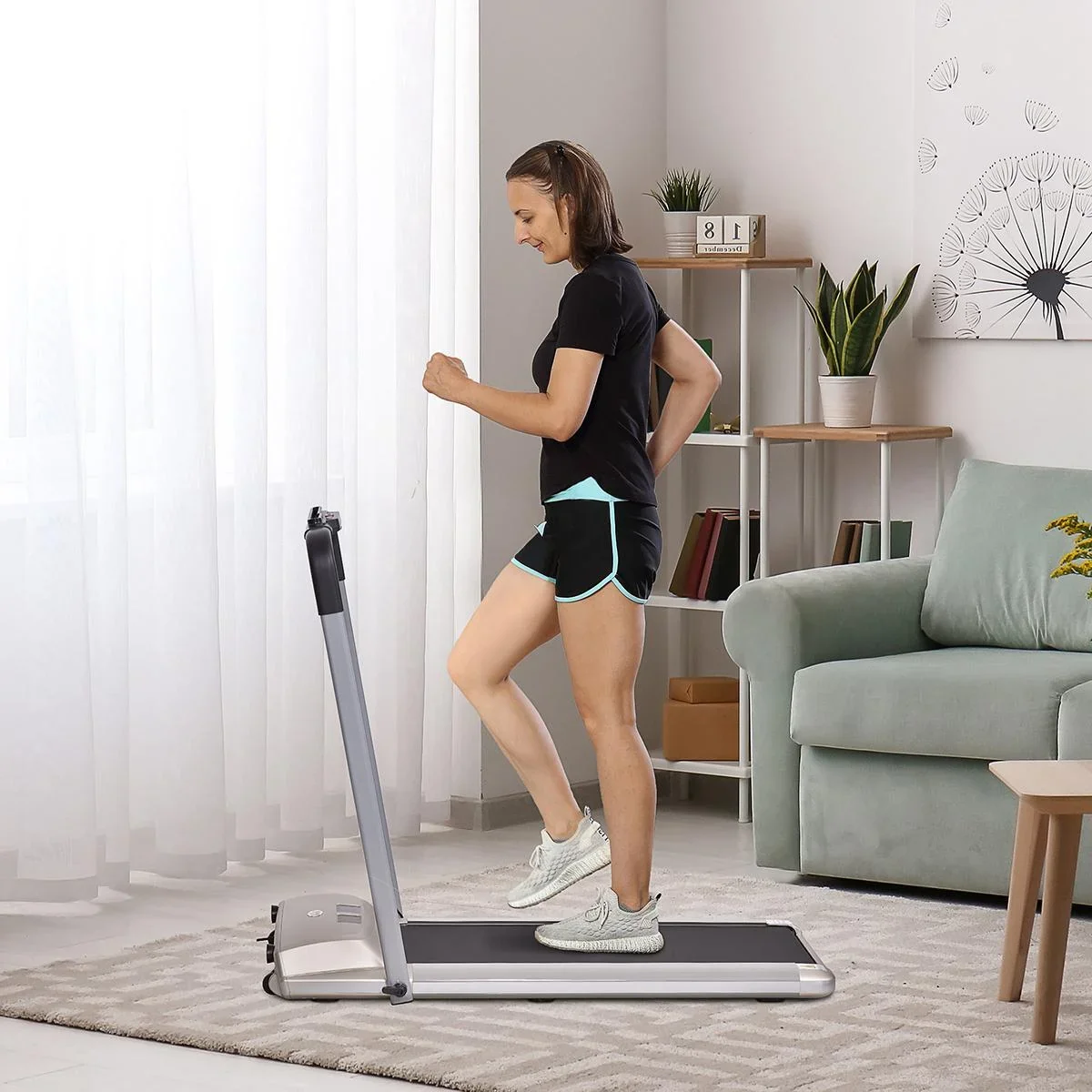 Elektrisches Laufband mit LCD Display, Faltbares Fitnessgerät, 1-10 Km/h, Stahl, Schwarz+ Grau+Champagner, 70 x 128 x 11 - 2