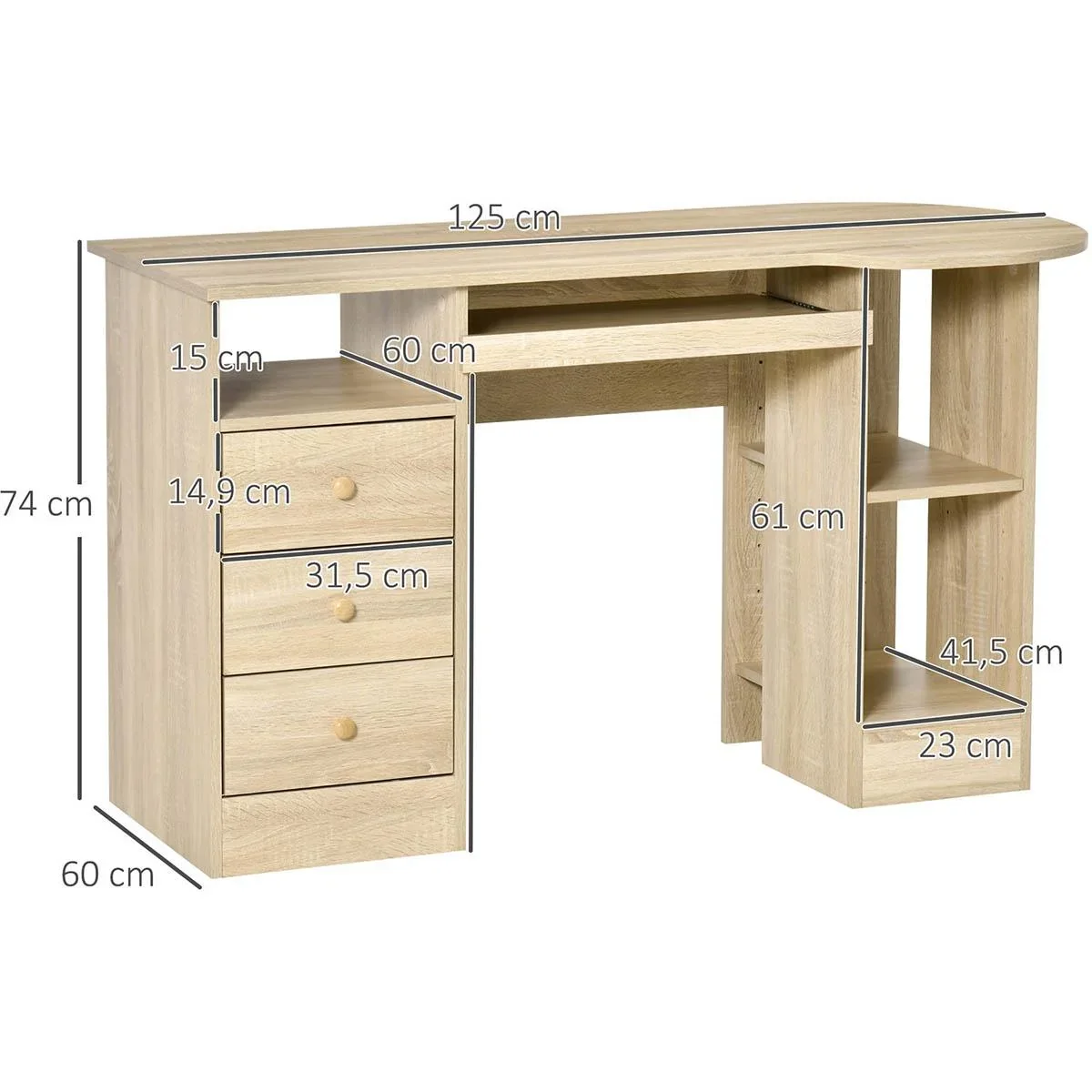 Computertisch Schreibtisch Bürotisch Home Office Arbeitstisch mit Ablagen Schubladen Natur 125 x 60 x 74 cm - 1