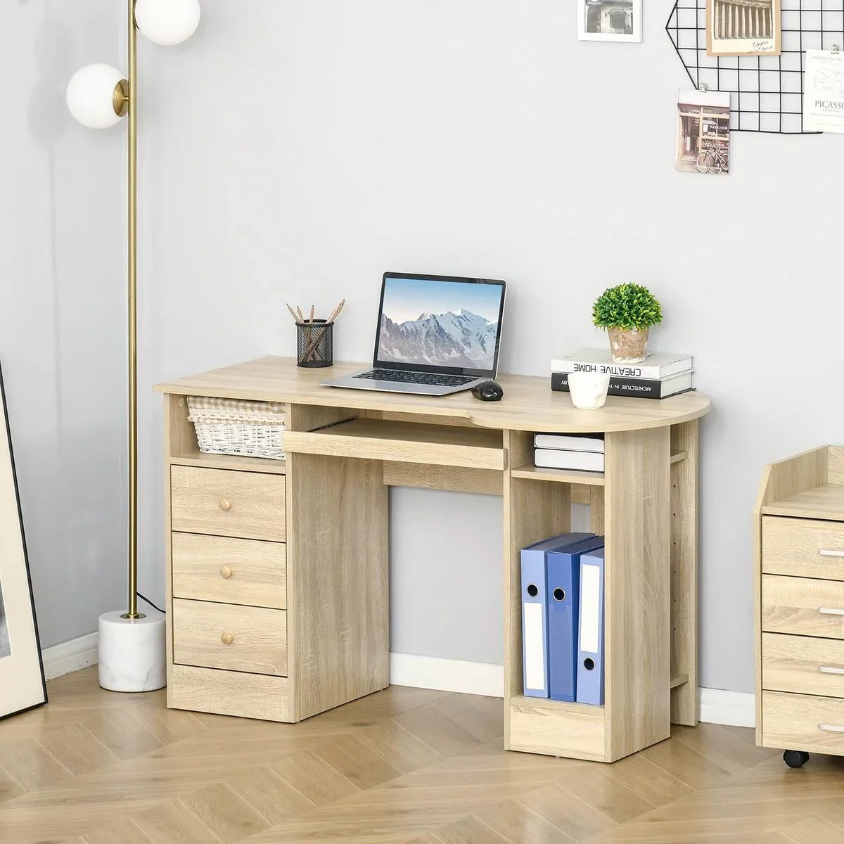 Computertisch Schreibtisch Bürotisch Home Office Arbeitstisch mit Ablagen Schubladen Natur 125 x 60 x 74 cm - 2