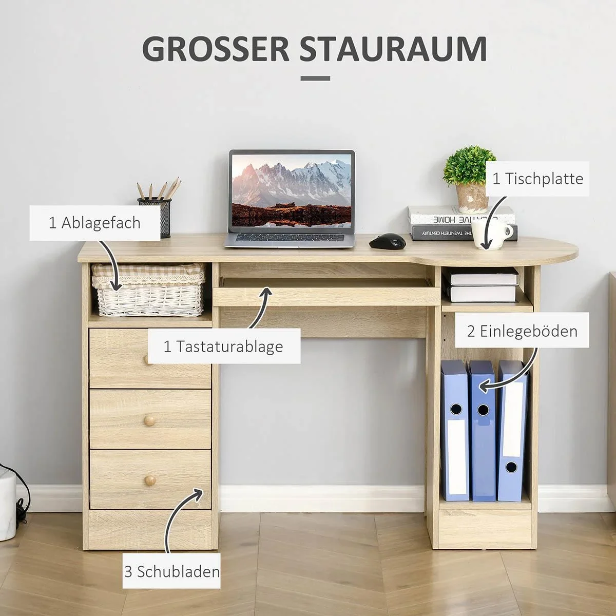 Computertisch Schreibtisch Bürotisch Home Office Arbeitstisch mit Ablagen Schubladen Natur 125 x 60 x 74 cm - 3