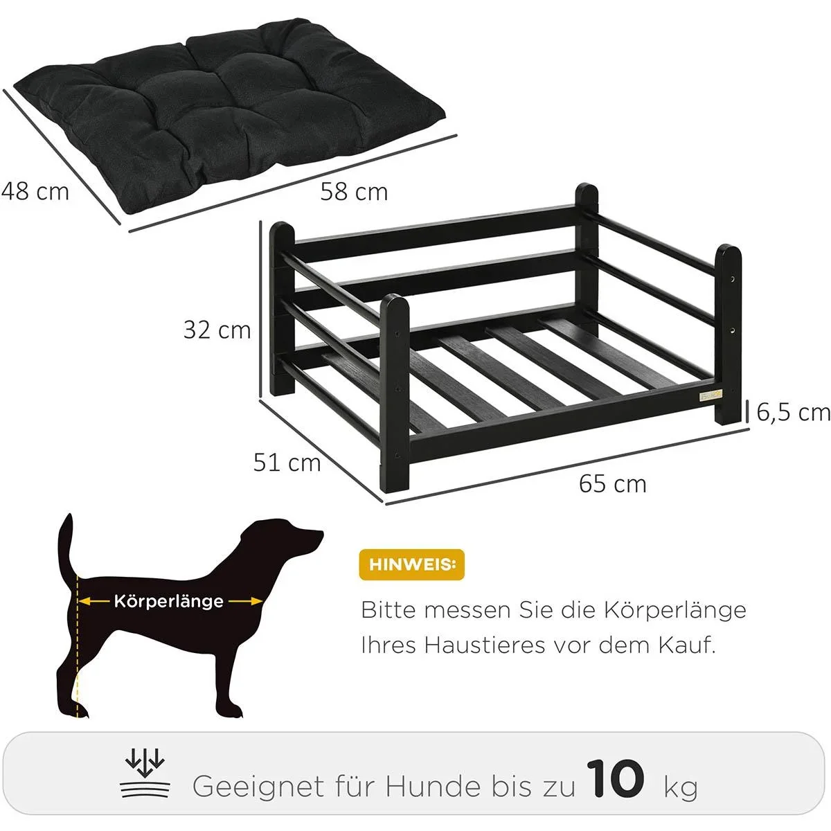 Hundebett mit hohem Rahmen und Kissen, Kiefernholz, 65 x 51 x 32 cm - 0