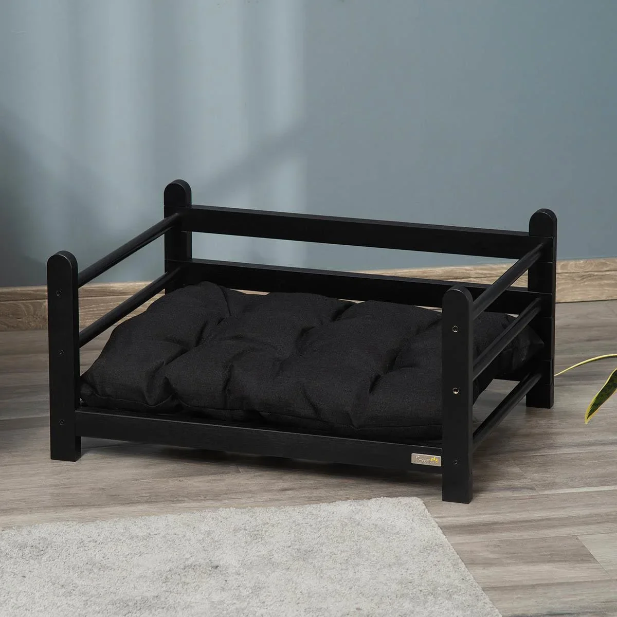 Hundebett mit hohem Rahmen und Kissen, Kiefernholz, 65 x 51 x 32 cm - 1