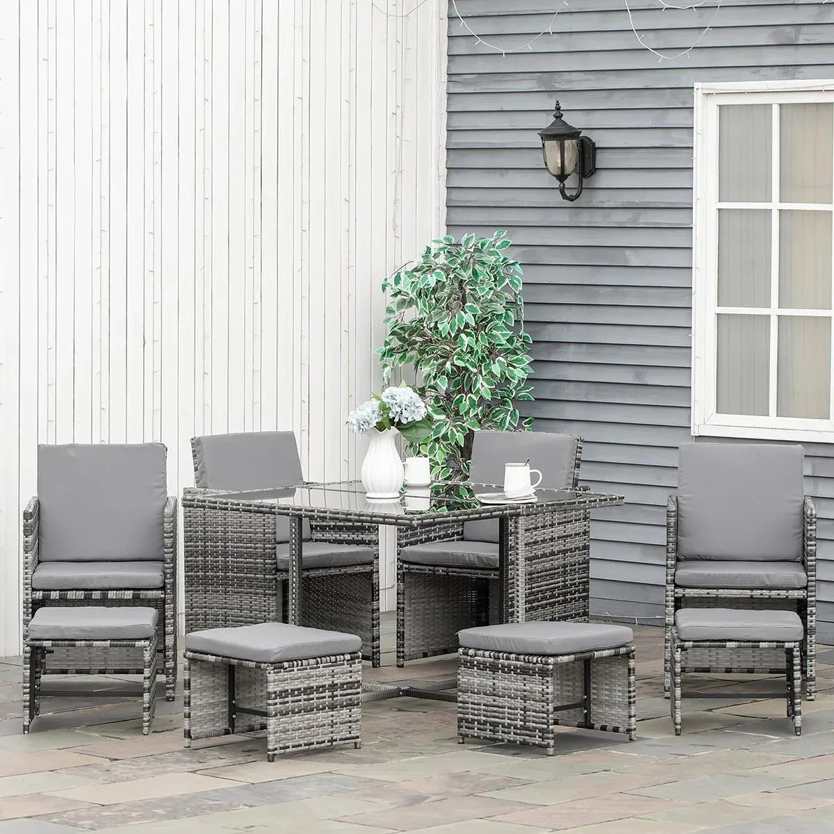 9 tlg. Polyrattan Gartenmöbel Rattan Gartenset Sitzgruppe Garnitur Essgruppe inkl. Kissen Grau 109 x 109 x 72 cm - 2