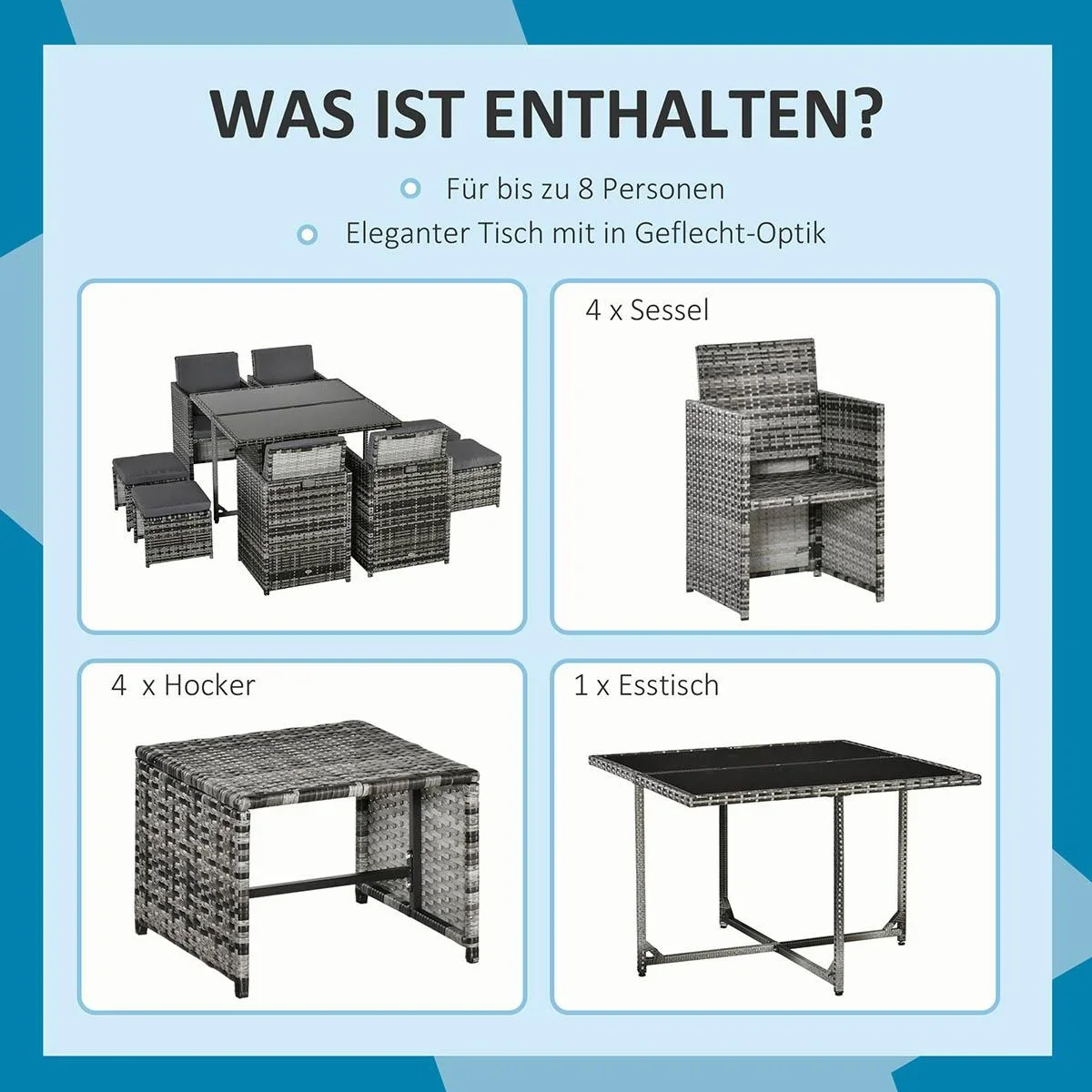 9 tlg. Polyrattan Gartenmöbel Rattan Gartenset Sitzgruppe Garnitur Essgruppe inkl. Kissen Grau 109 x 109 x 72 cm - 3