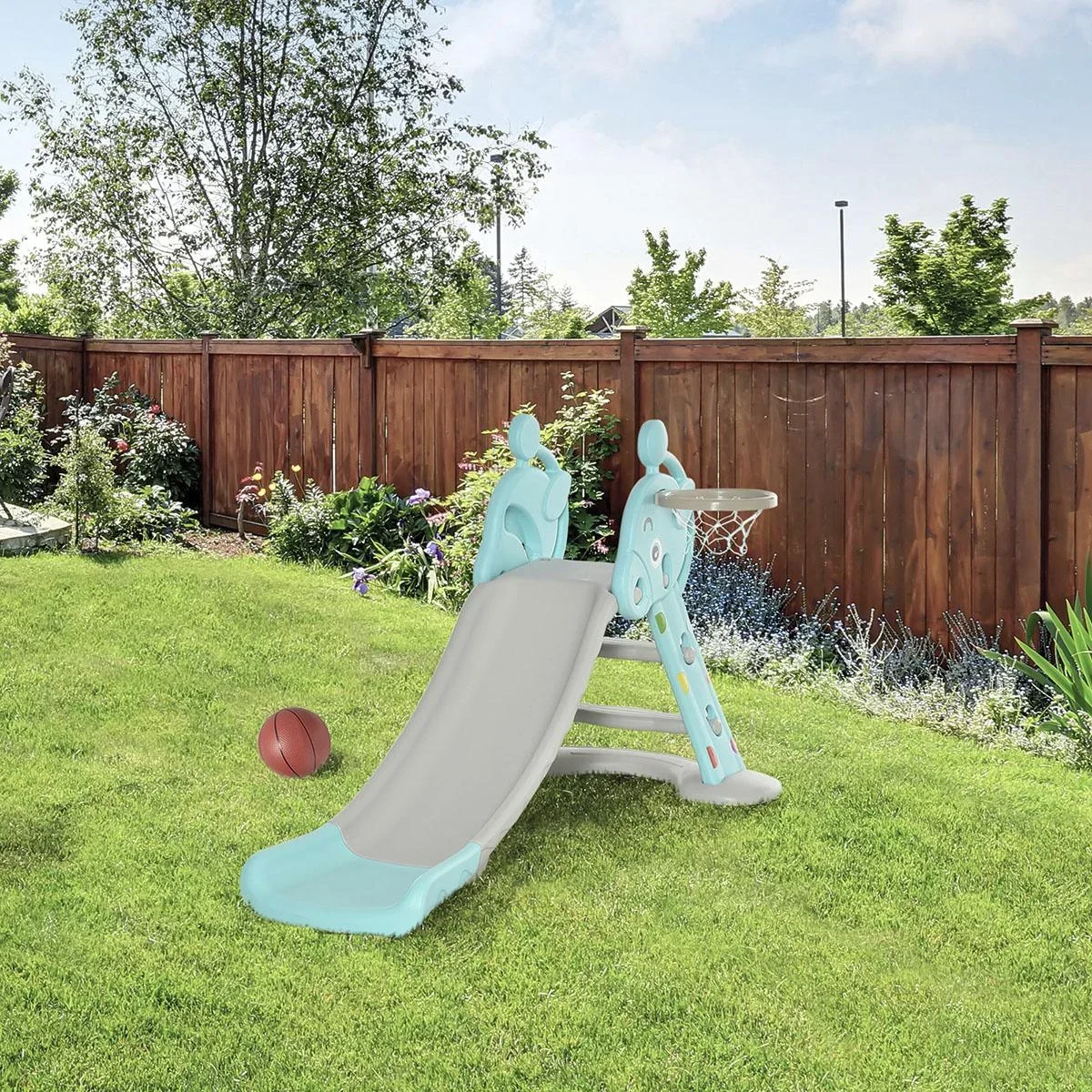 Kinderrutsche mit Basketballkorb faltbare Spielzeugrutsche mit verlängerter Heckkissen Dreiecksstruktur HDPE PP Hellblau - 2