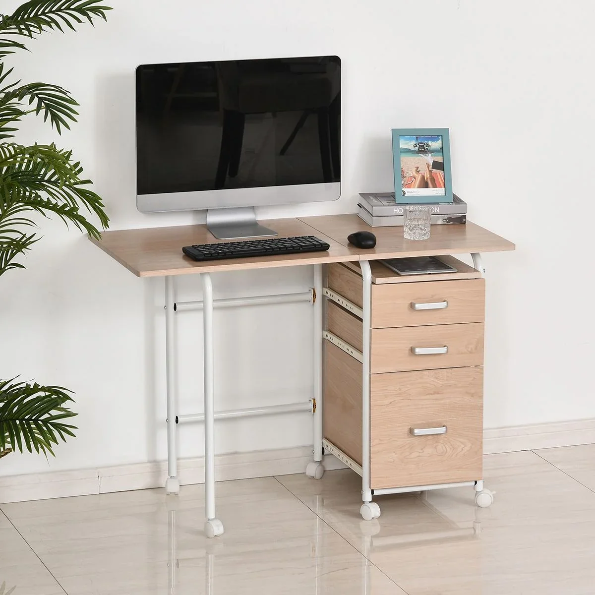 Mobiler Schreibtisch Aktenschrank klappbarer Computertisch Bürotisch mit Schubladen und Rollen Rollcontainer Spanplatte - 0