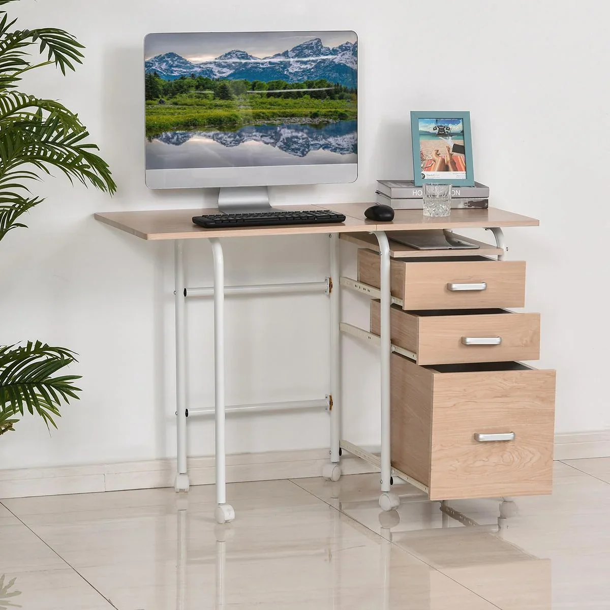 Mobiler Schreibtisch Aktenschrank klappbarer Computertisch Bürotisch mit Schubladen und Rollen Rollcontainer Spanplatte - 2