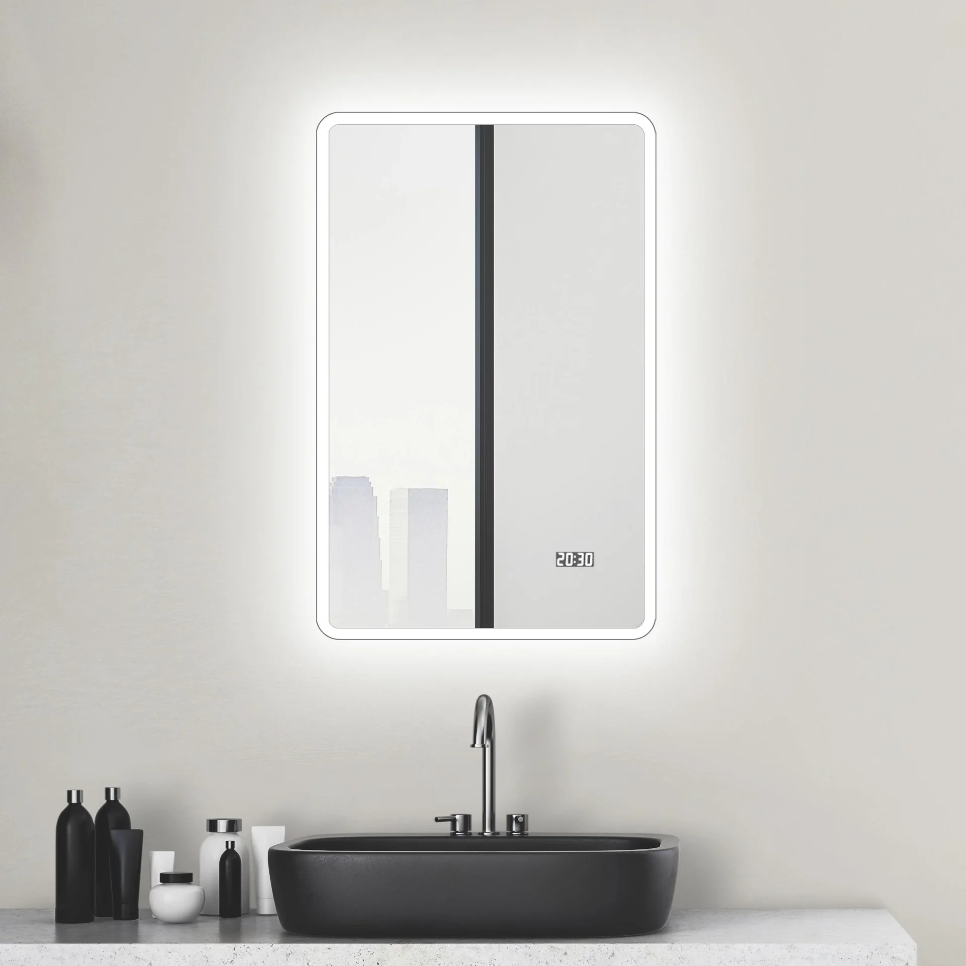 Badezimmerspiegel mit Beleuchtung, "Sun" - 45 x 70 cm - Lichtumrahmung - Lichtfarbe neutralweiß - Digitaluhr - 0