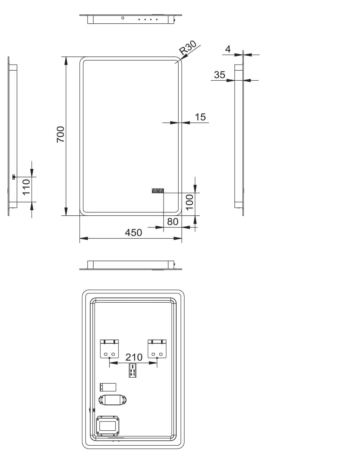 Badezimmerspiegel mit Beleuchtung, "Sun" - 45 x 70 cm - Lichtumrahmung - Lichtfarbe neutralweiß - Digitaluhr - 1