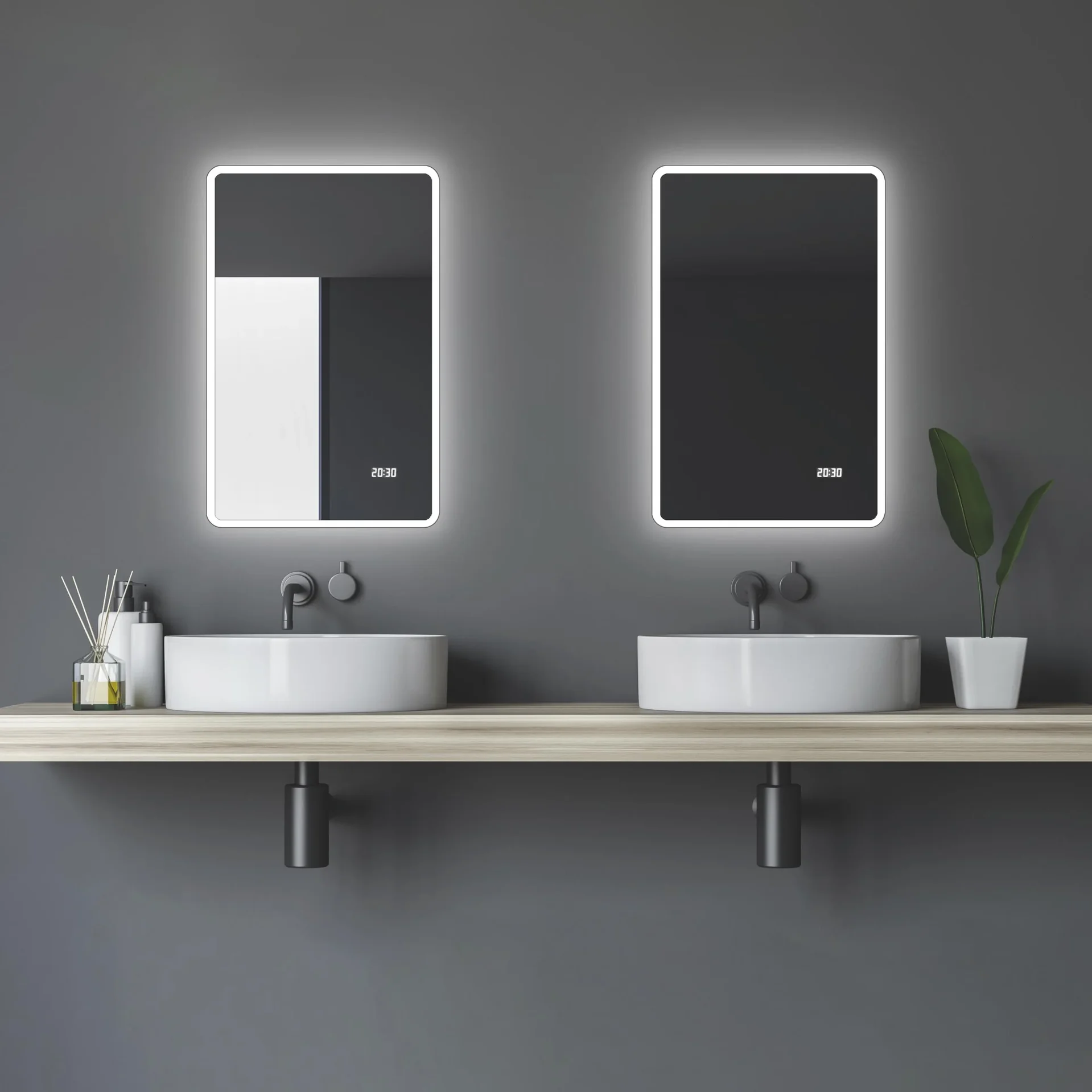 Badezimmerspiegel mit Beleuchtung, "Sun" - 45 x 70 cm - Lichtumrahmung - Lichtfarbe neutralweiß - Digitaluhr - 4