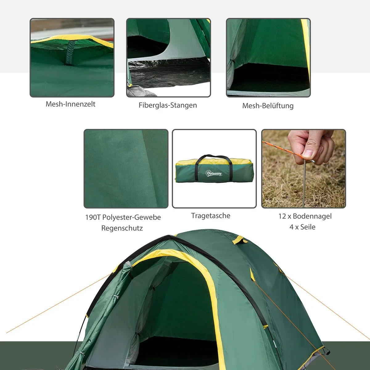 Campingzelt für 3-4 Personen grün/gelb - 6