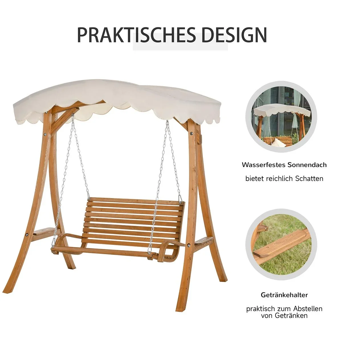 Hollywoodschaukel, 2-Sitzer Gartenschaukel, Schaukelbank mit Sonnendach, Kiefernholz, Cremeweiß, 170 x 135 x 170 cm - 3