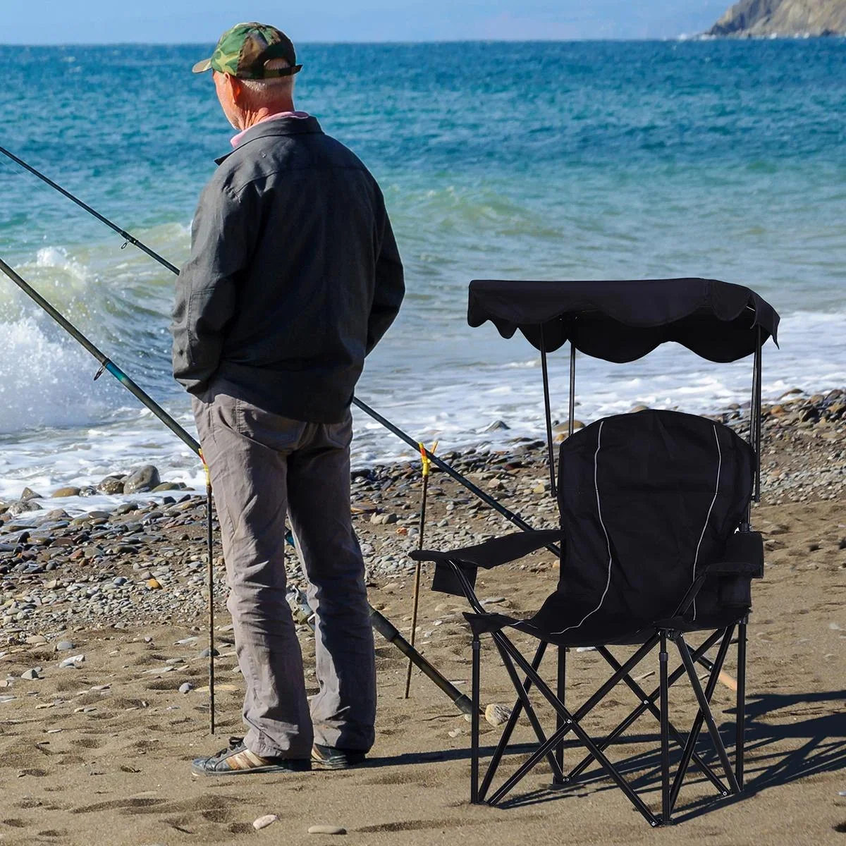 Campingstuhl mit Sonnenschutz schwarz - 1