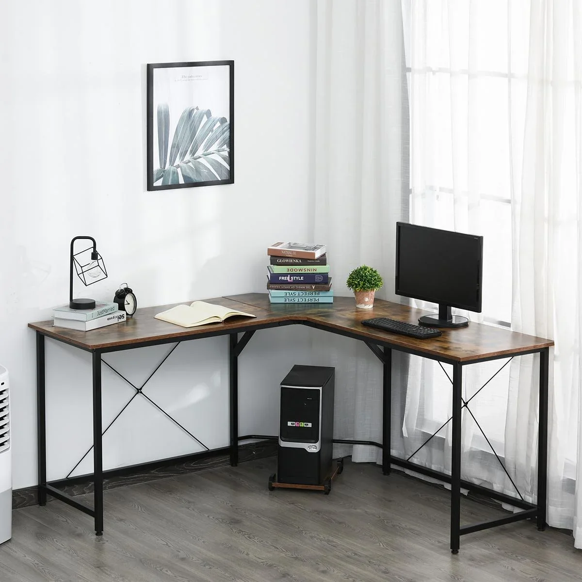 Computertisch, L-förmiger Eckschreibtisch, Schreibtisch, Bürotisch, E1 Spanplatte +Metall, Schwarz+Braun, 150 x 150 x 75 - 2