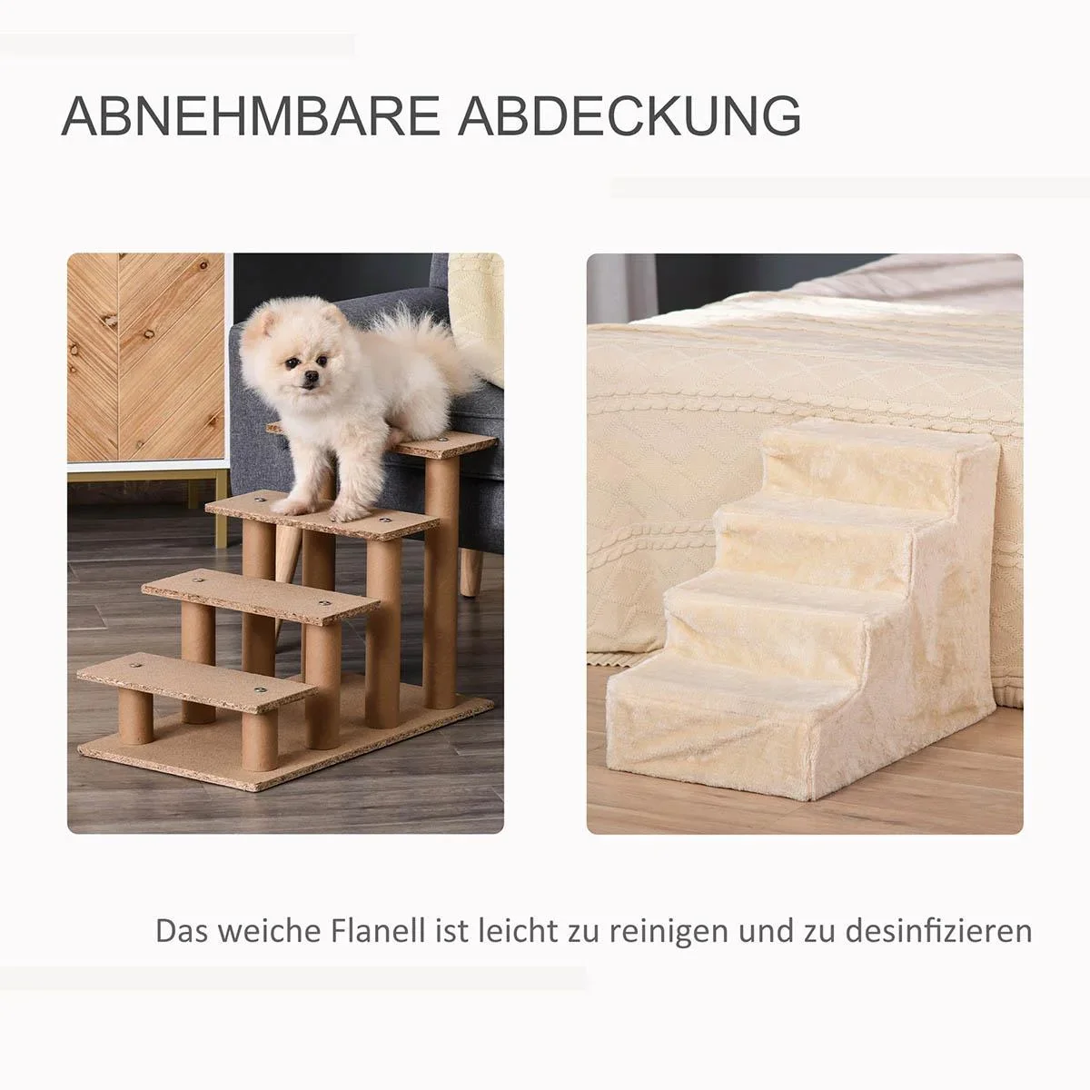 Haustiertreppe 4-stufige Hunderampe mit abnehmbarer Bezug Katzentreppe Hundetreppe Tiertreppe Spanplatte Plüsch Beige 60 - 0