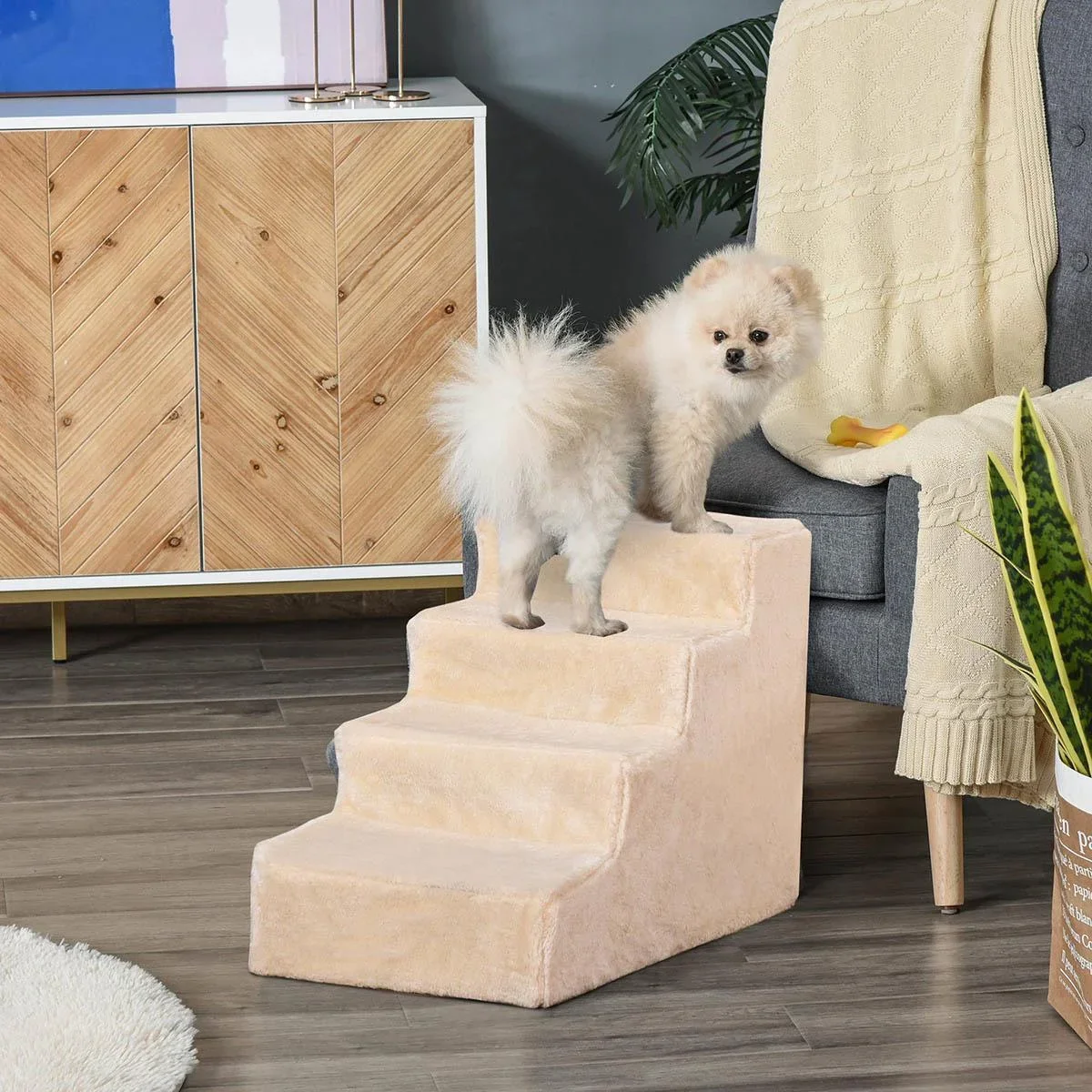 Haustiertreppe 4-stufige Hunderampe mit abnehmbarer Bezug Katzentreppe Hundetreppe Tiertreppe Spanplatte Plüsch Beige 60 - 2