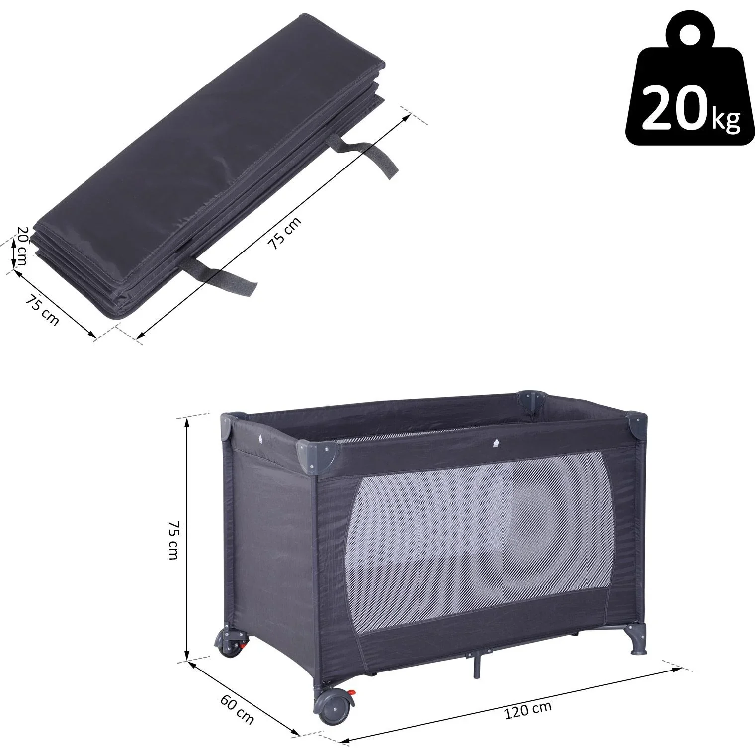 Babybett Kinderreisebett klappbar Klappbett mit Matratze + Rollen Tragetasche Schwarz 120 x 60 x 75 cm - 2