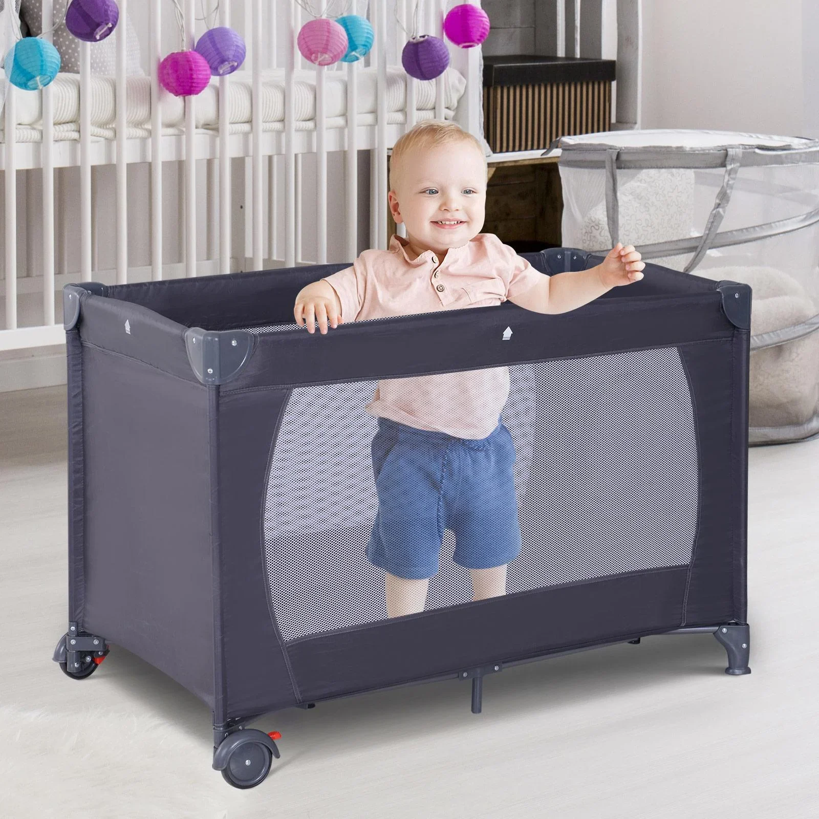 Babybett Kinderreisebett klappbar Klappbett mit Matratze + Rollen Tragetasche Schwarz 120 x 60 x 75 cm - 5