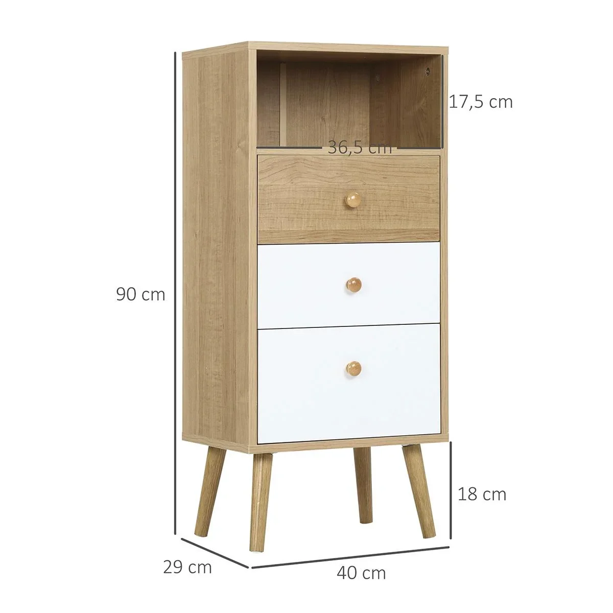 Sideboard Küchenschrank Kommode mit 1 offenen Fächern 3 Schubladen Skandi-Design Natur+Weiß 40 x 29 x 90 cm - 1